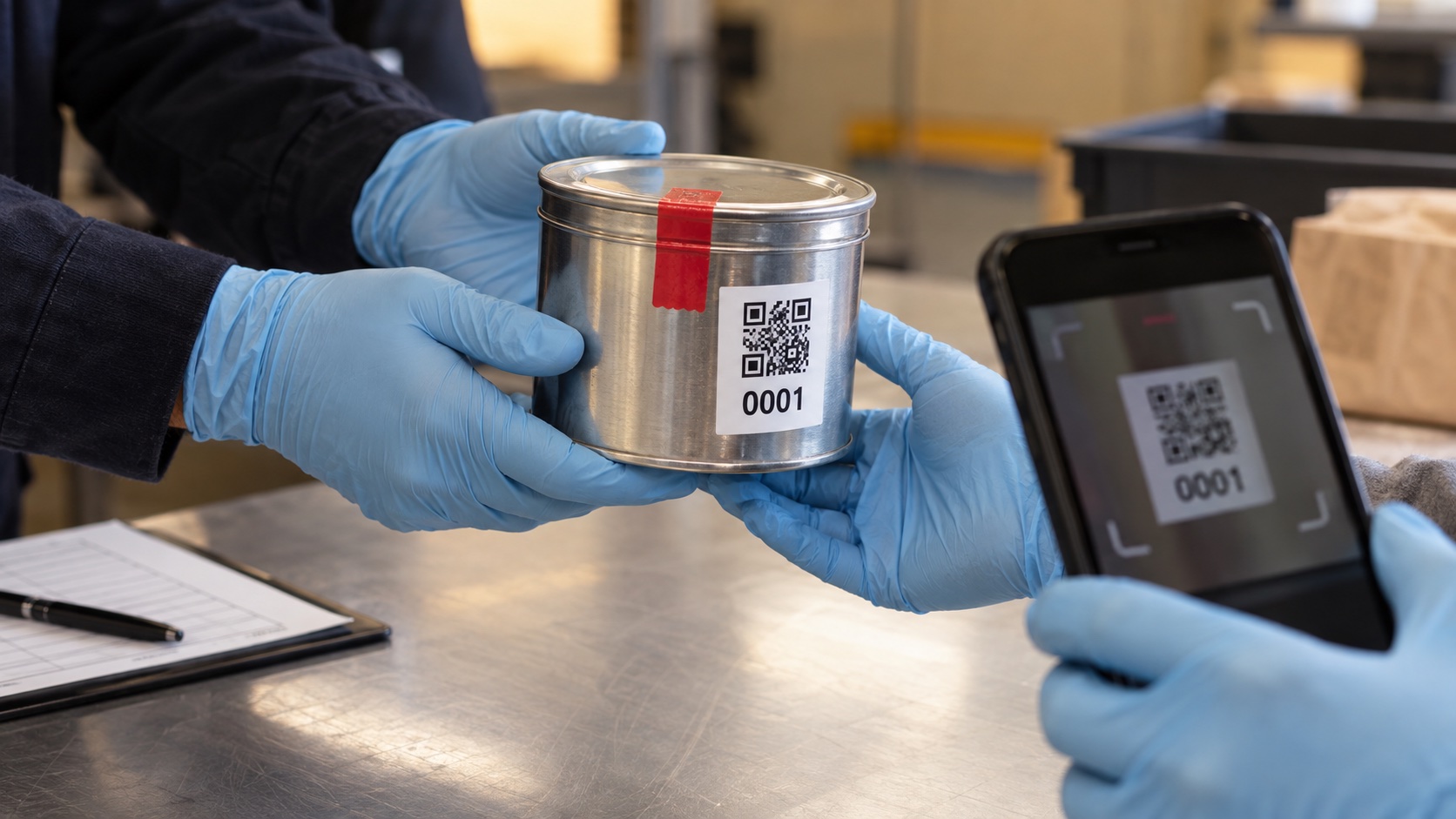 Gloved hands transferring a sealed fire-debris evidence can labeled 0001 beside a phone scanning its QR label