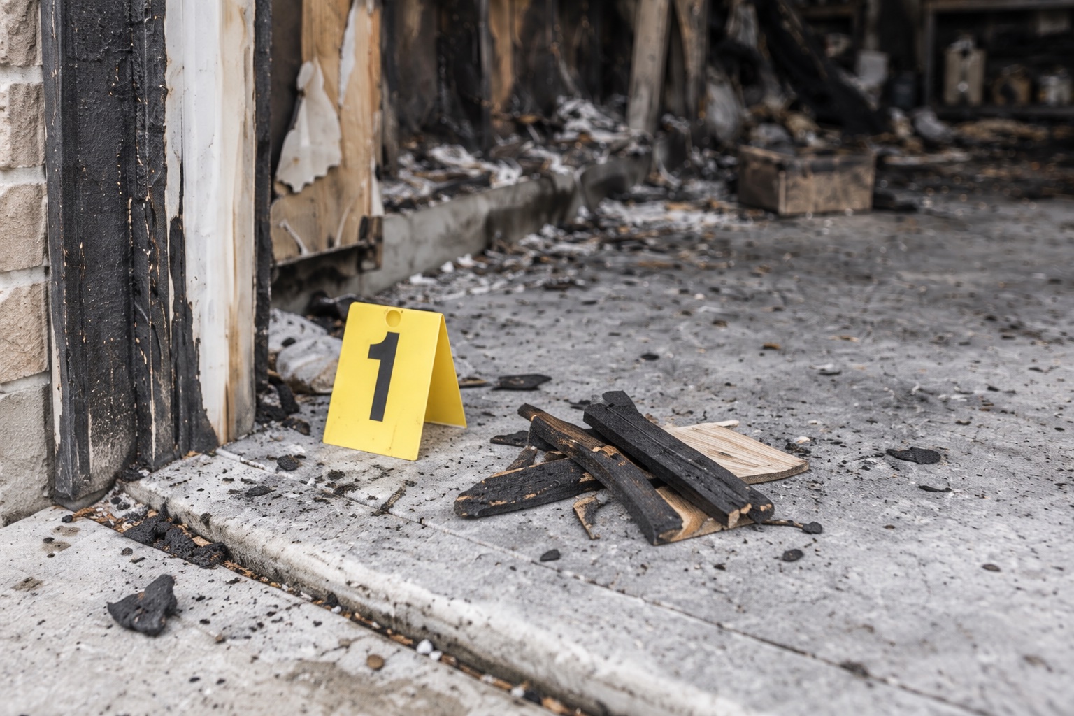 Close-up of charred wood debris beside evidence marker 1