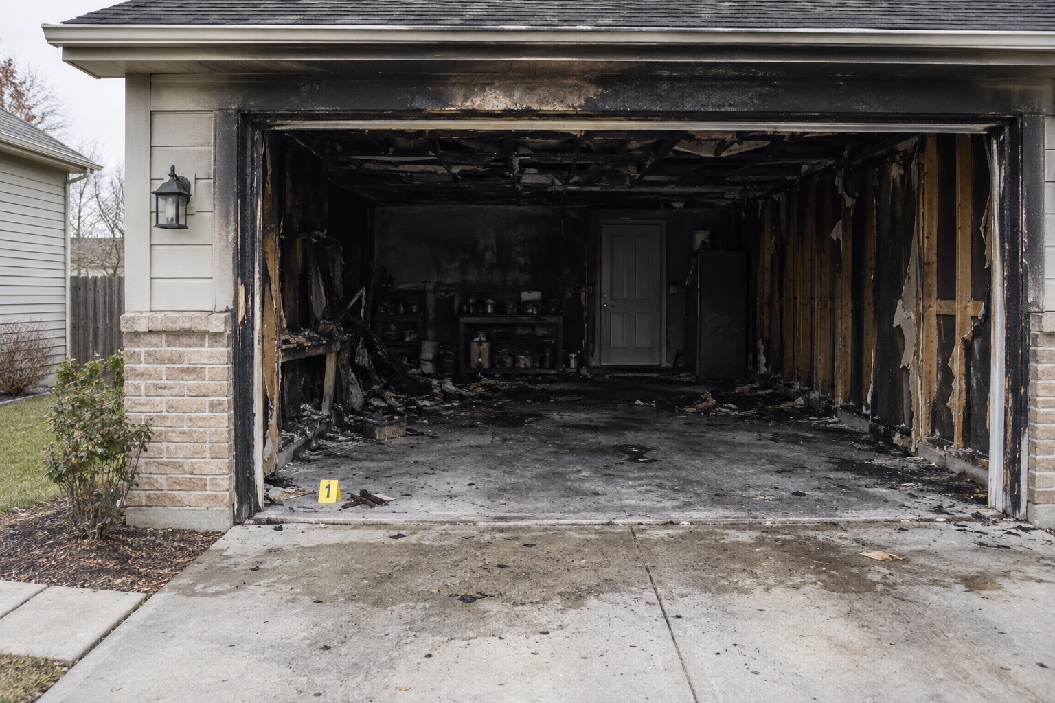 Distant view of an extinguished garage fire with a debris sample beside evidence marker 1 at the doorway