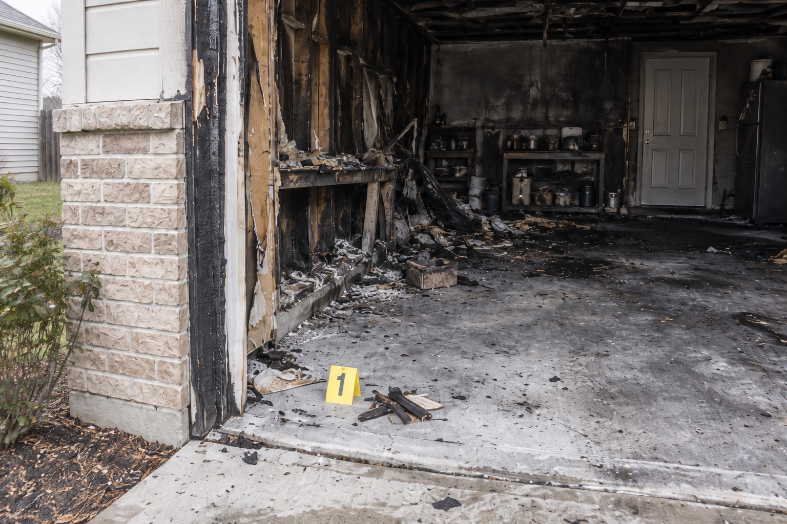 Mid-range view of charred debris and evidence marker 1 at the garage doorway