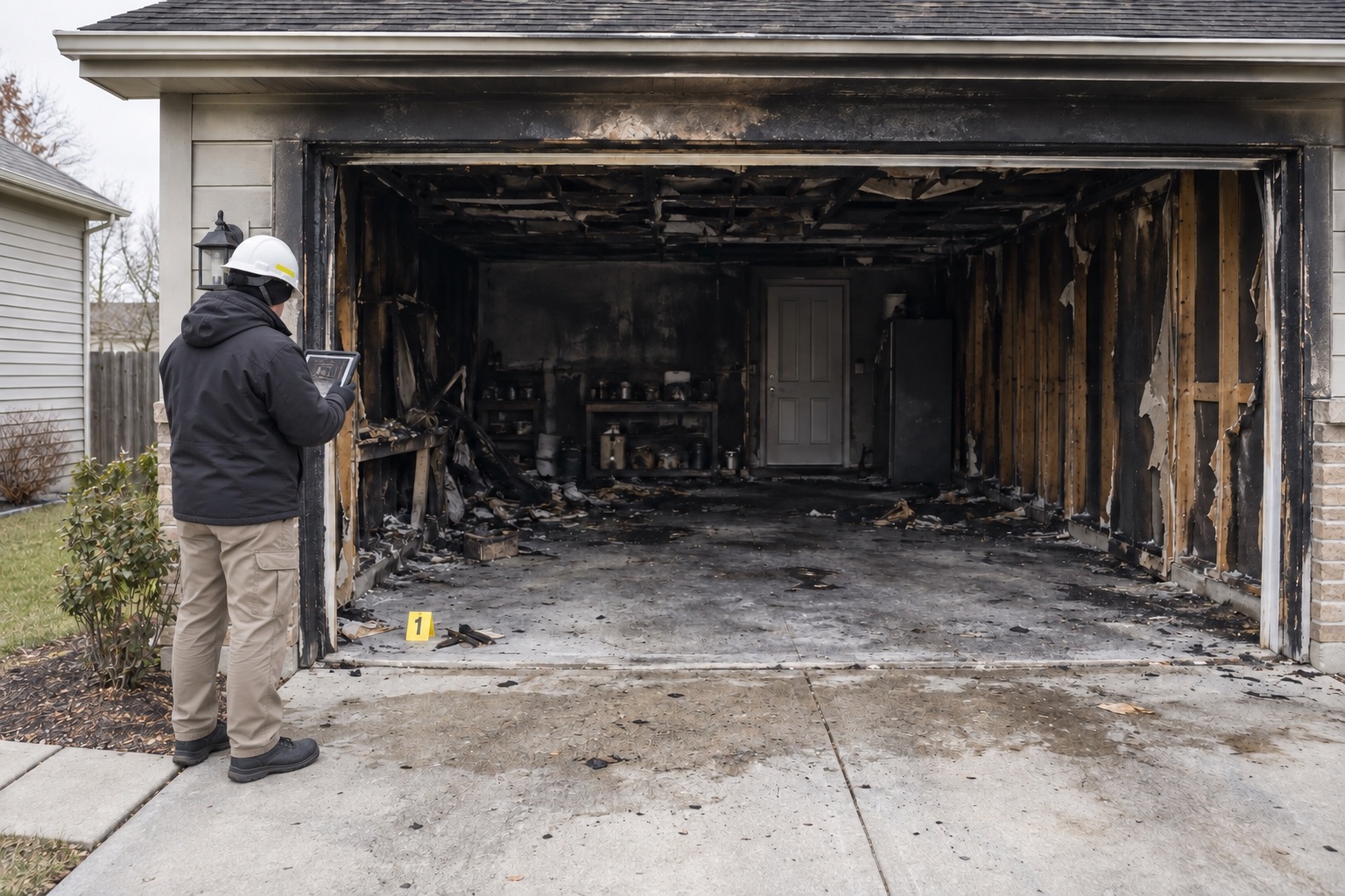 Fire investigator documenting a residential garage fire on a tablet beside evidence marker 1